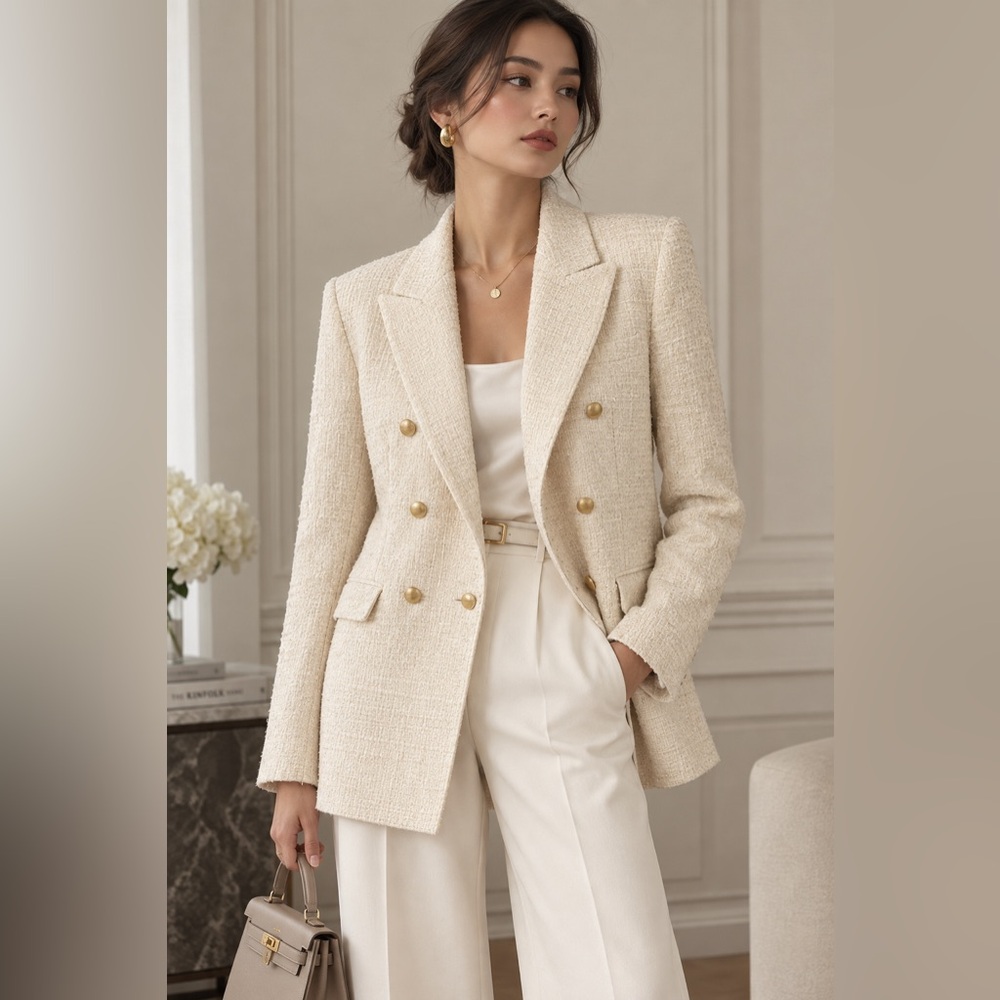 Jason Wu Textured Double Breasted Blazer in Cream with Gold Buttons - L